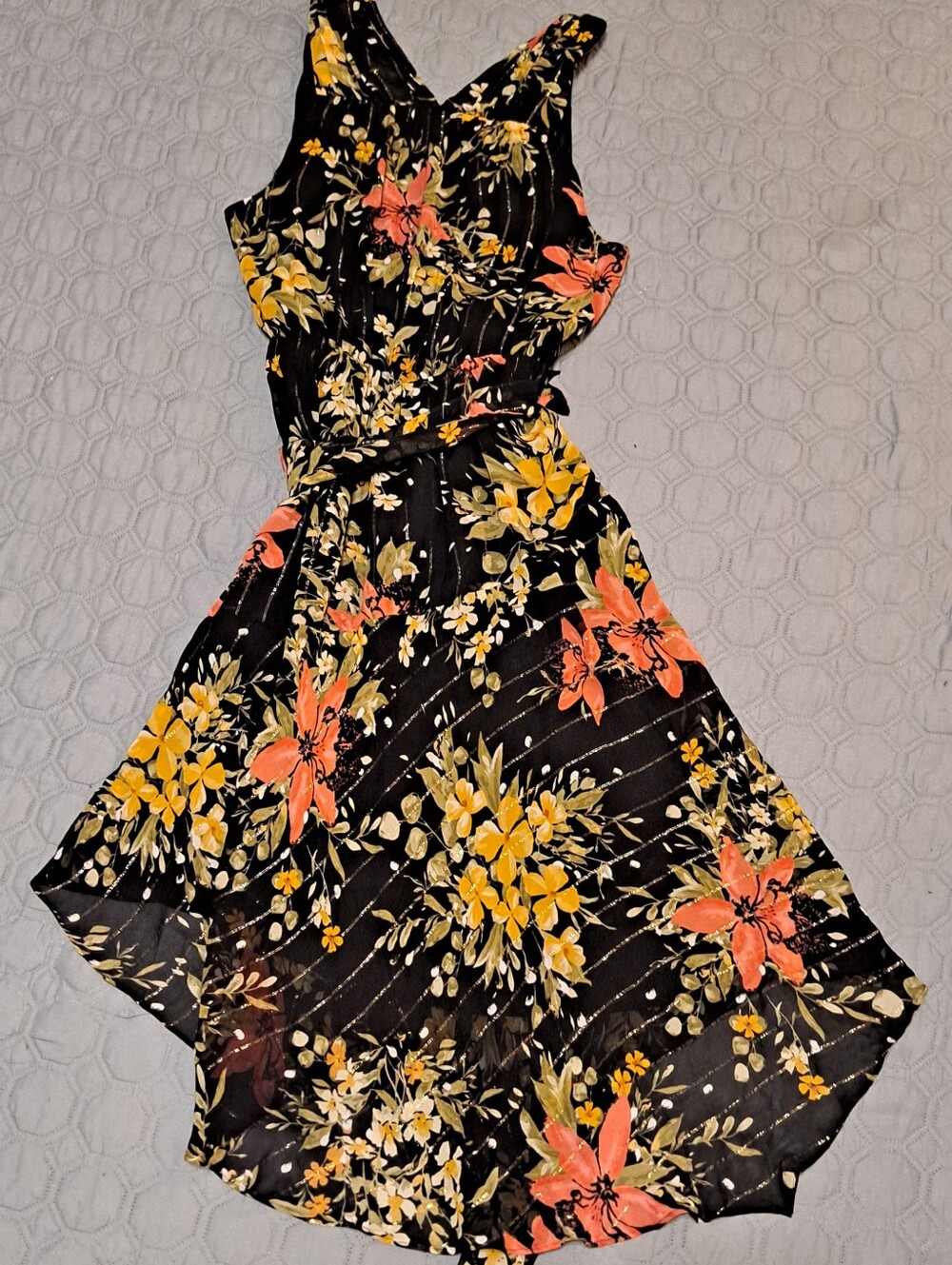 Joie Pharrah Silk Sleeveless Dress in Black with Yellow & Coral Flowers Size XL